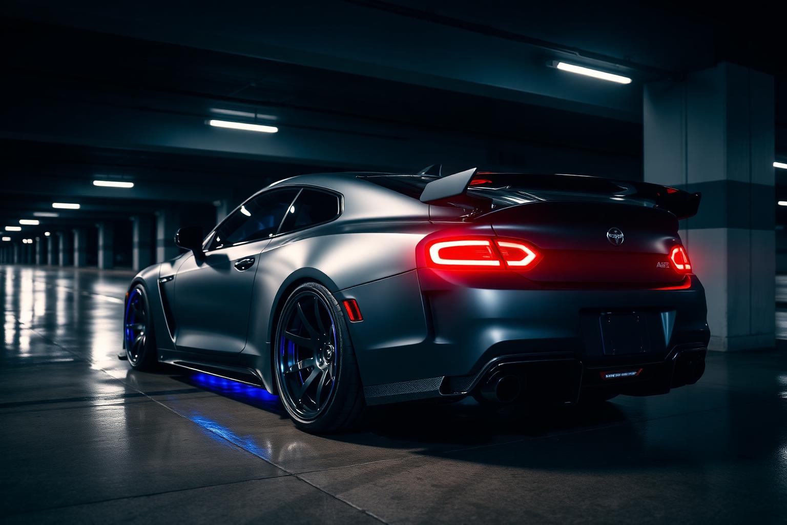 Modified sports car in a dark garage